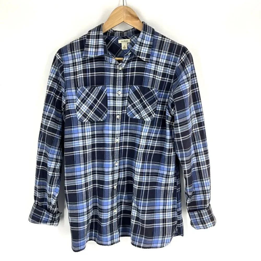 LL Bean Shirt Size Small Women Blue Freeport Flannel Button Up Plaid Top Blouse